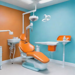 A vibrant dental unit featuring an orange dental chair, white floor, and light blue walls. The unit radiates positivity and energy, balances professional requirements with a playful color scheme, and is equipped with state-of-the-art dental equipment.