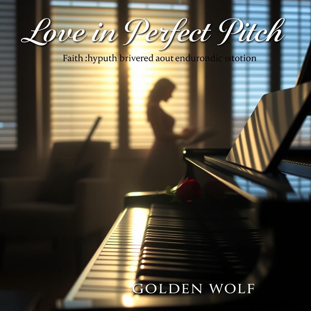 A serene and romantic scene depicting a dimly lit music studio, with soft sunlight streaming through slatted blinds, casting gentle shadows