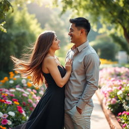 A romantic scene featuring a couple consisting of a woman and a man