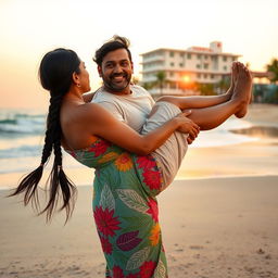 An Indian woman carrying a man on a sandy beach with a picturesque seaside hospital in the background