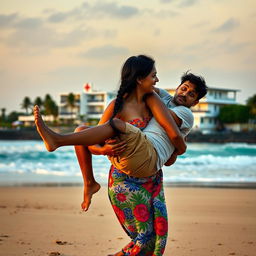 An Indian woman carrying a man on a sandy beach with a picturesque seaside hospital in the background
