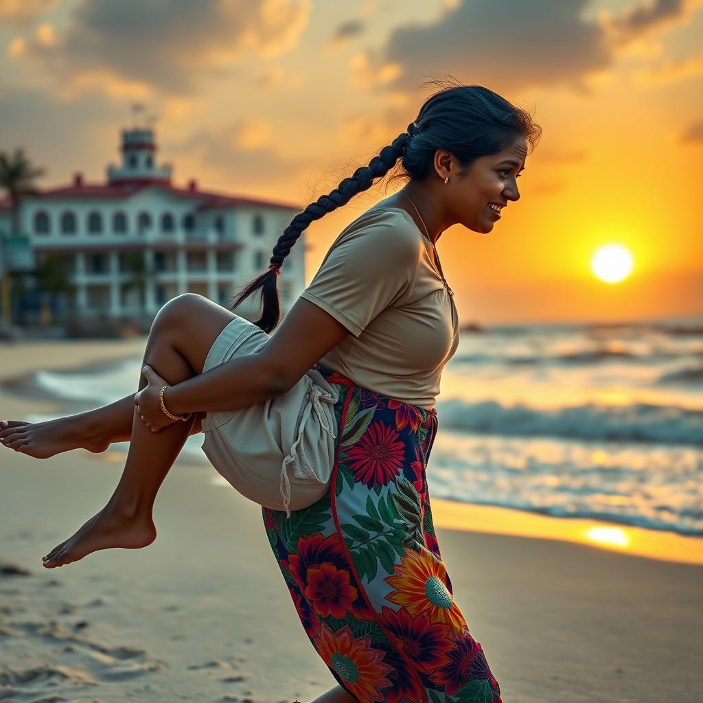 An Indian woman carrying a man on a sandy beach with a picturesque seaside hospital in the background