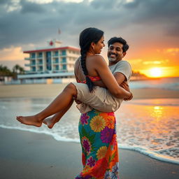 An Indian woman carrying a man on a sandy beach with a picturesque seaside hospital in the background