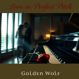 A serene and romantic scene depicting a dimly lit music studio, where soft sunlight streams gently through slatted blinds, creating a warm and intimate atmosphere