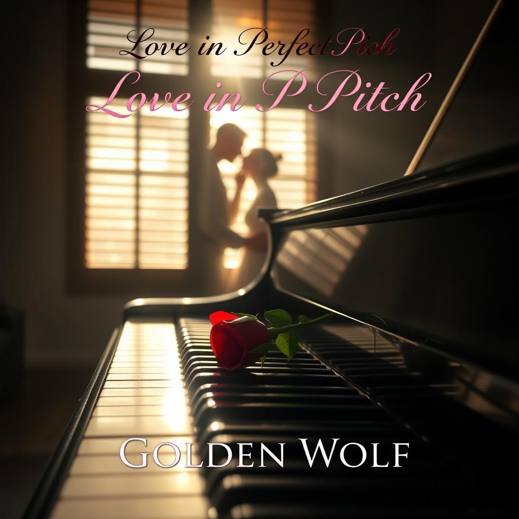 A serene and romantic scene depicting a dimly lit music studio, where soft sunlight streams gently through slatted blinds, creating a warm and intimate atmosphere