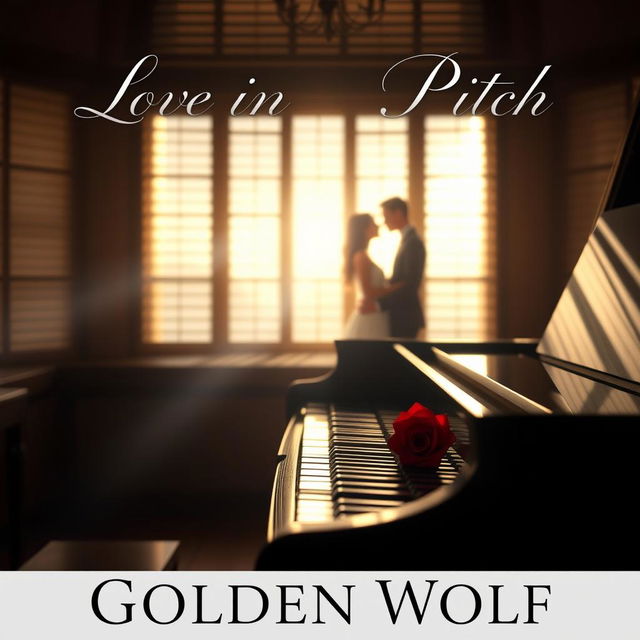 A serene and romantic scene depicting a dimly lit music studio, where soft sunlight streams gently through slatted blinds, creating a warm and intimate atmosphere