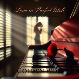 A serene and romantic scene depicting a dimly lit music studio, where soft sunlight streams gently through slatted blinds, creating a warm and intimate atmosphere