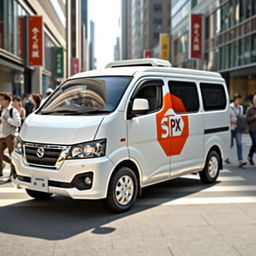A white Daihatsu Grandmax blind van adorned with a prominent orange SPX logo on its side