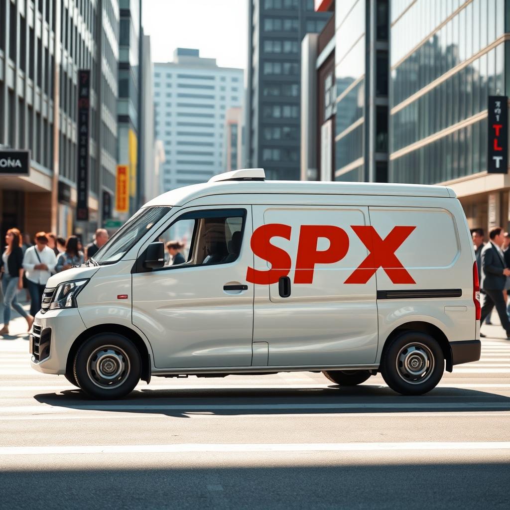 A white Daihatsu Grandmax blind van adorned with a prominent orange SPX logo on its side
