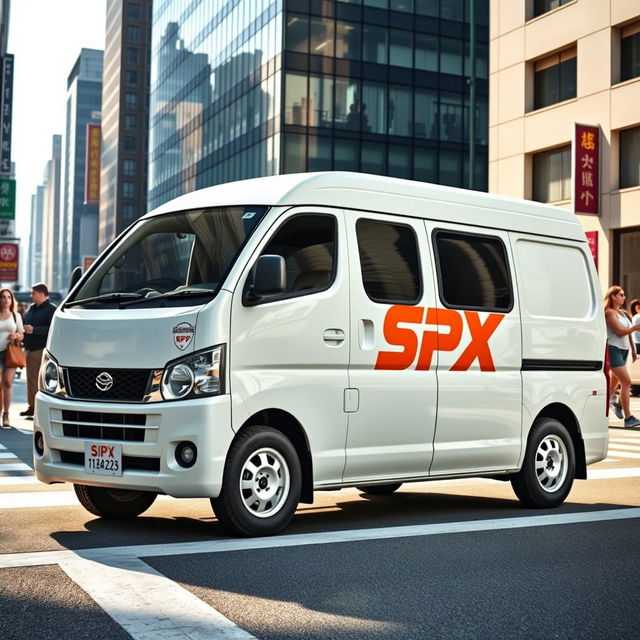 A white Daihatsu Grandmax blind van adorned with a prominent orange SPX logo on its side