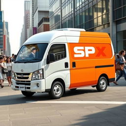 A white Daihatsu Grandmax blind van adorned with a prominent orange SPX logo on its side