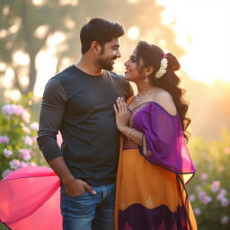 A charming, young Indian couple in a romantic pose, gazing into each other's eyes, displaying expressions of love and affection
