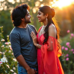 A charming, young Indian couple in a romantic pose, gazing into each other's eyes, displaying expressions of love and affection