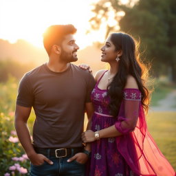 A charming, young Indian couple in a romantic pose, gazing into each other's eyes, displaying expressions of love and affection