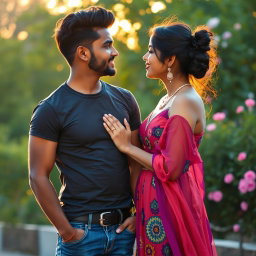 A charming, young Indian couple in a romantic pose, gazing into each other's eyes, displaying expressions of love and affection