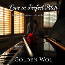 A serene and romantic scene showcasing a dimly lit music studio, where soft sunlight gently streams through slatted blinds, creating an intimate and warm atmosphere