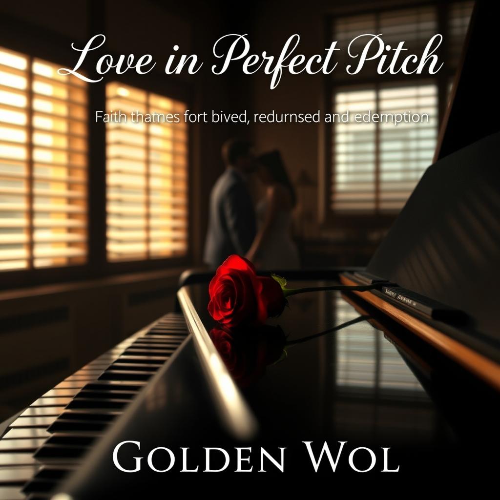 A serene and romantic scene showcasing a dimly lit music studio, where soft sunlight gently streams through slatted blinds, creating an intimate and warm atmosphere