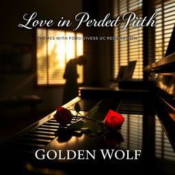 A serene and romantic scene showcasing a dimly lit music studio, where soft sunlight gently streams through slatted blinds, creating an intimate and warm atmosphere
