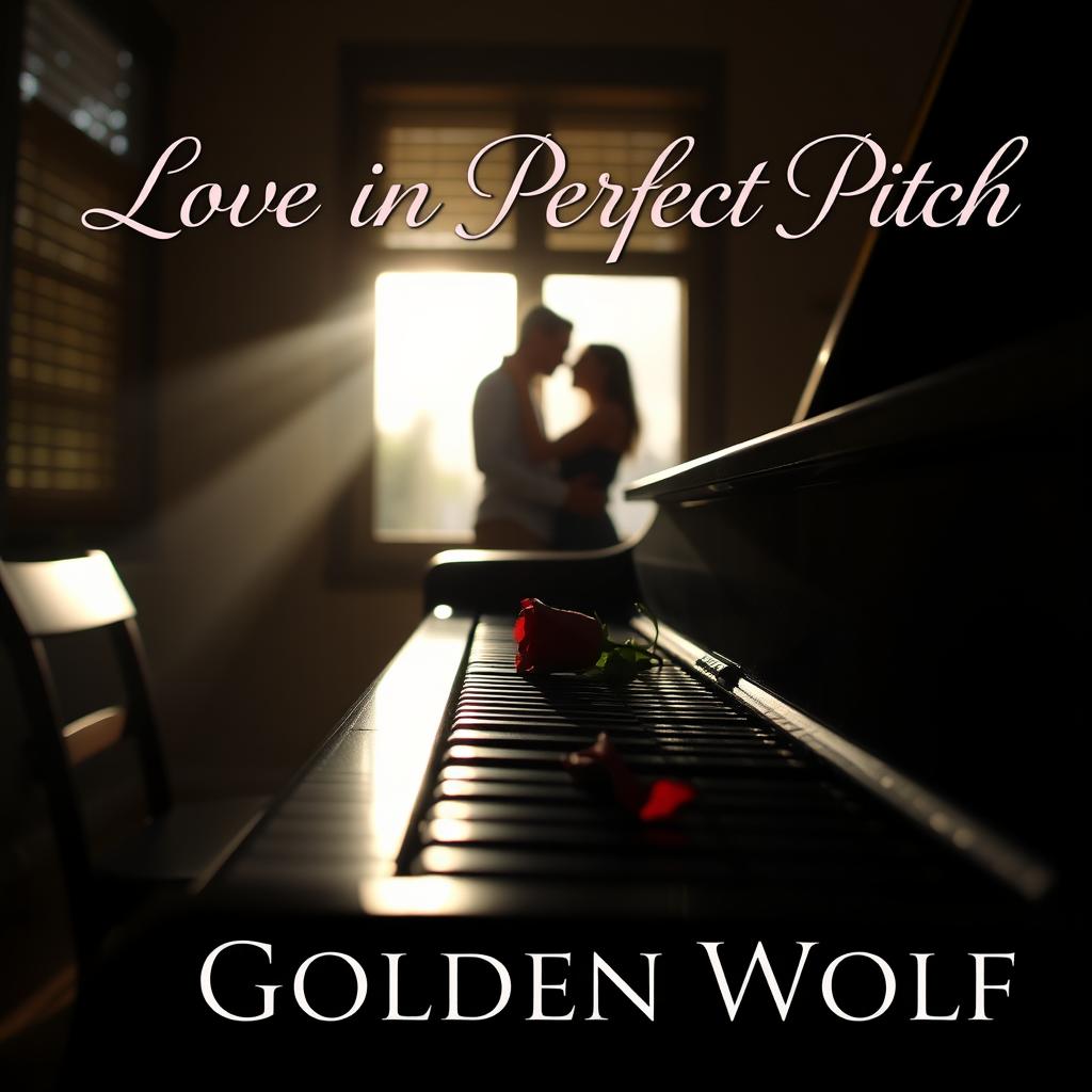 A serene and romantic scene set in a dimly lit music studio, featuring soft sunlight streaming through slatted blinds, creating a warm and inviting atmosphere