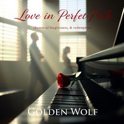 A serene and romantic scene set in a dimly lit music studio, featuring soft sunlight streaming through slatted blinds, creating a warm and inviting atmosphere
