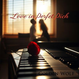 A serene and romantic scene set in a dimly lit music studio, featuring soft sunlight streaming through slatted blinds, creating a warm and inviting atmosphere