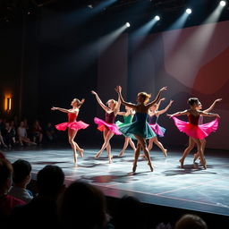 A dynamic and vibrant dance theatre scene featuring a group of dancers in colorful costumes performing a contemporary dance piece
