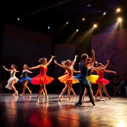 A dynamic and vibrant dance theatre scene featuring a group of dancers in colorful costumes performing a contemporary dance piece