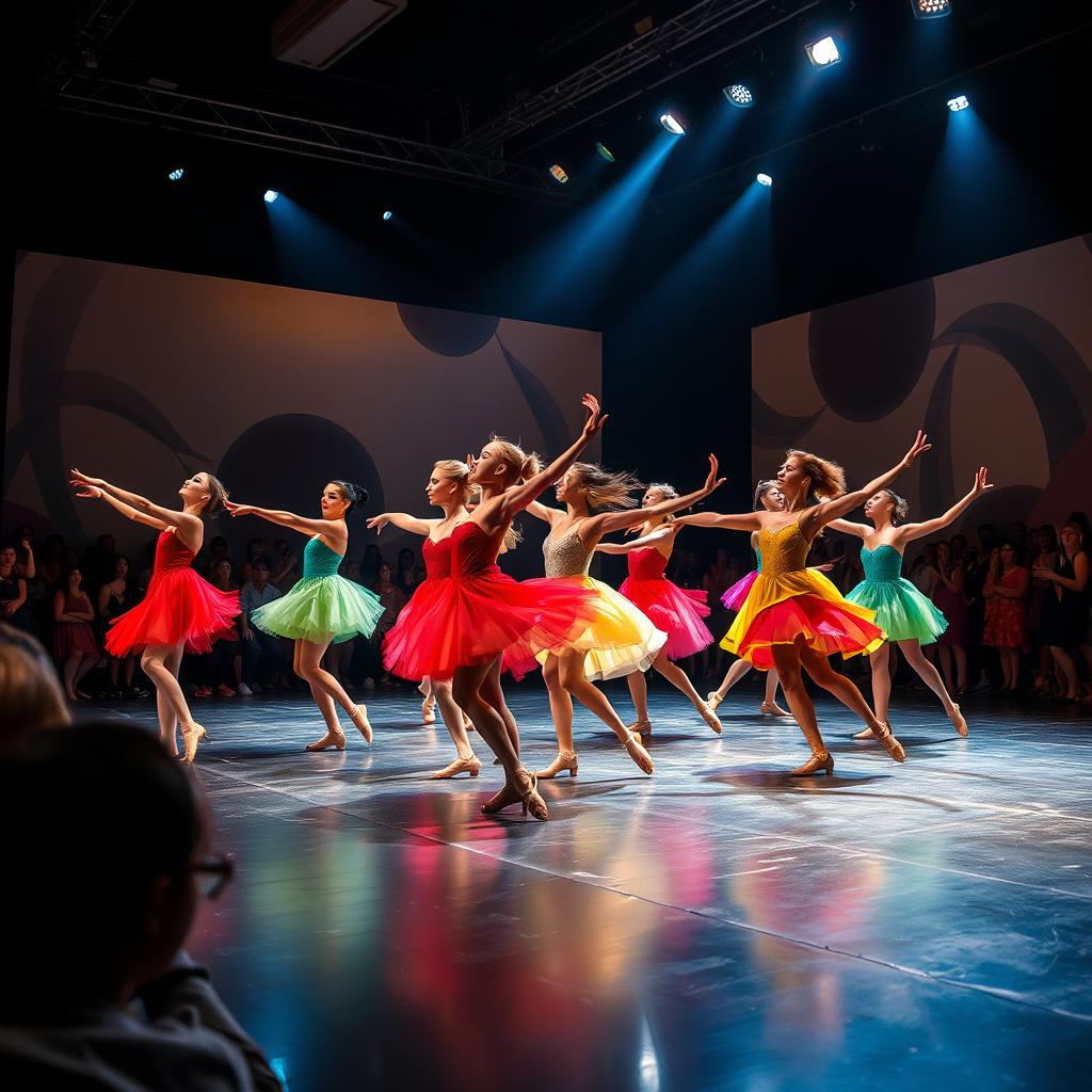 A dynamic and vibrant dance theatre scene featuring a group of dancers in colorful costumes performing a contemporary dance piece