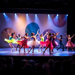 A dynamic and vibrant dance theatre scene featuring a group of dancers in colorful costumes performing a contemporary dance piece