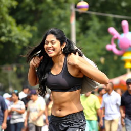 An athletic Indian girl joyfully lifting a large guy onto her shoulders, showcasing her strength and confidence