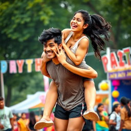 An athletic Indian girl joyfully lifting a large guy onto her shoulders, showcasing her strength and confidence