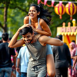 An athletic Indian girl joyfully lifting a large guy onto her shoulders, showcasing her strength and confidence