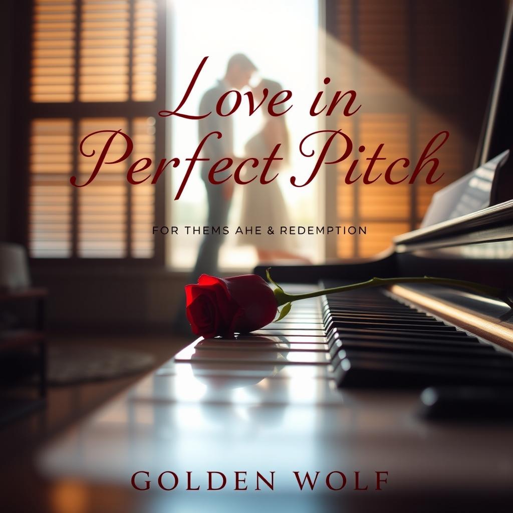A serene and romantic scene set in a dimly lit music studio, where soft sunlight filters through slatted blinds, creating gentle light patterns