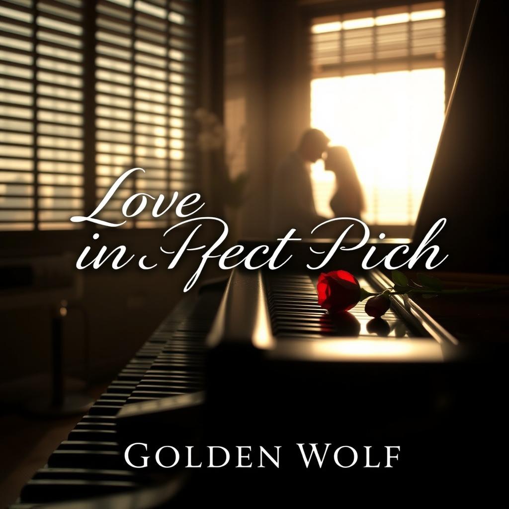 A serene and romantic scene set in a dimly lit music studio, featuring soft sunlight streaming through slatted blinds, illuminating the space with a gentle glow