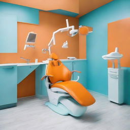 A vibrant dental unit featuring an orange dental chair, white floor, and light blue walls. The unit radiates positivity and energy, balances professional requirements with a playful color scheme, and is equipped with state-of-the-art dental equipment.