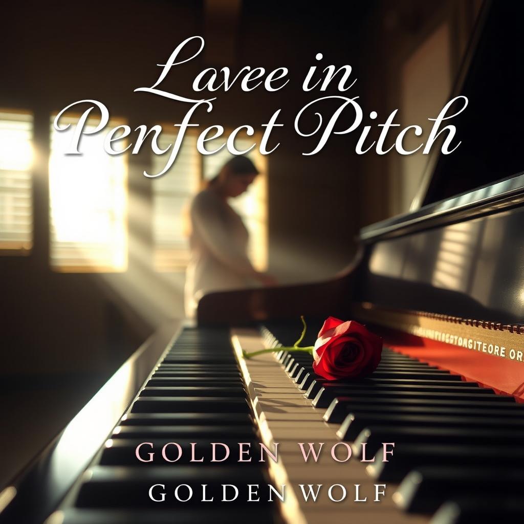 A serene and romantic scene inside a dimly lit music studio, where soft sunlight streams through slatted blinds, casting a warm glow throughout the space