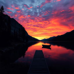 A serene and breathtaking landscape of a vibrant sunset over a tranquil lake, surrounded by majestic mountains