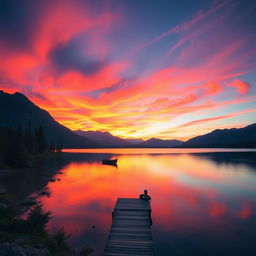 A serene and breathtaking landscape of a vibrant sunset over a tranquil lake, surrounded by majestic mountains
