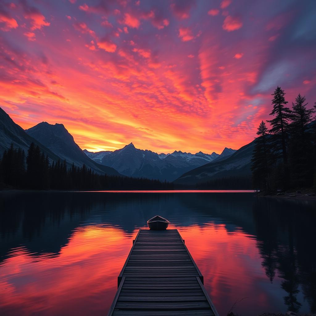 A serene and breathtaking landscape of a vibrant sunset over a tranquil lake, surrounded by majestic mountains