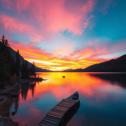 A serene and breathtaking landscape of a vibrant sunset over a tranquil lake, surrounded by majestic mountains