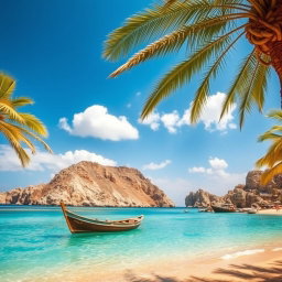 A scenic view of Gheshm Island in Iran, showcasing its beautiful beaches with golden sands and clear turquoise waters