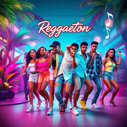 A vibrant, colorful album cover design for a reggaeton song