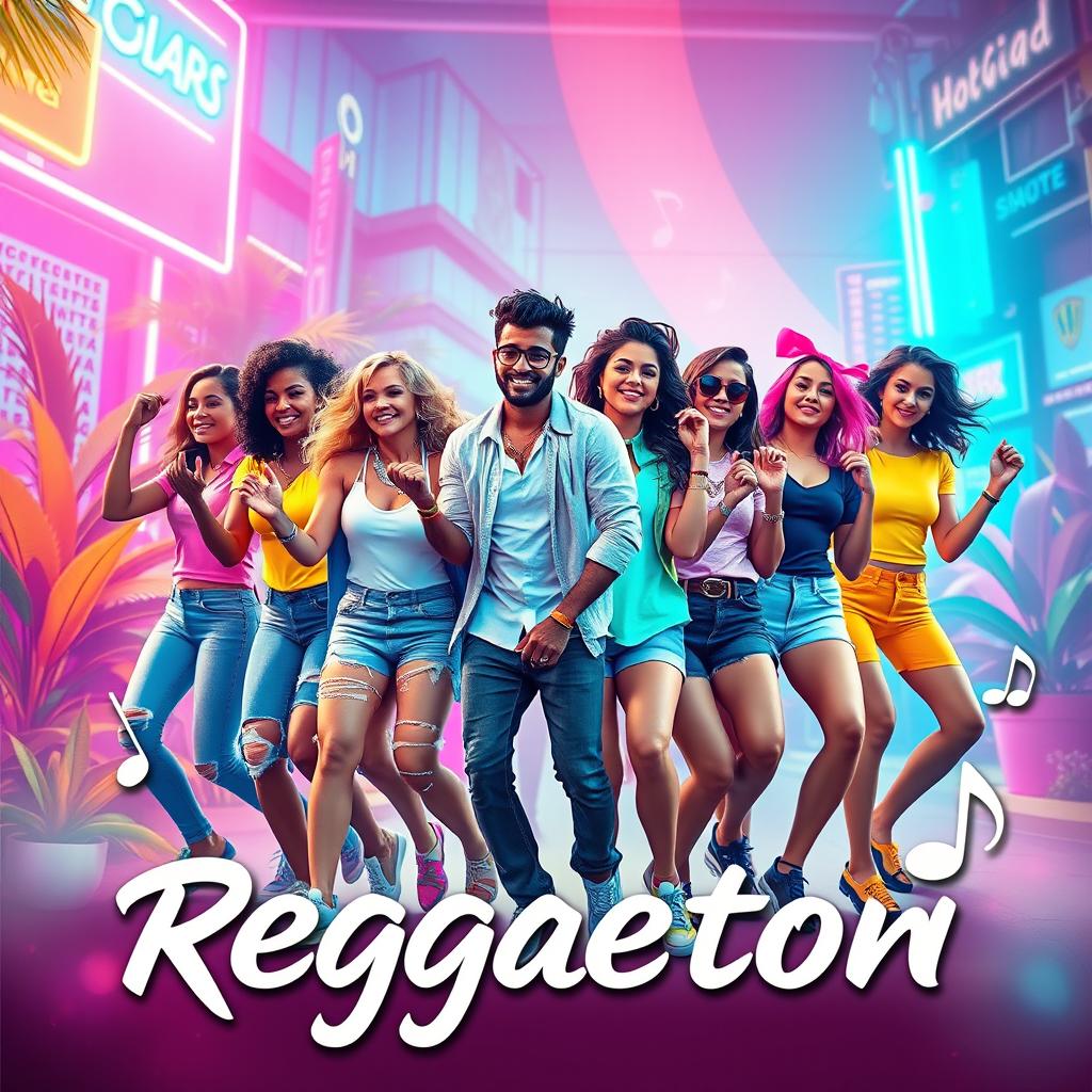 A vibrant, colorful album cover design for a reggaeton song