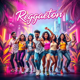 A vibrant, colorful album cover design for a reggaeton song