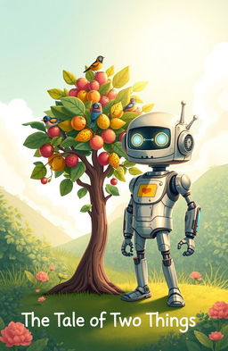 A whimsical illustration representing 'The Tale of Two Things' featuring two distinct yet complementary characters: one is a vibrant, quirky tree with oversized leaves and colorful fruits, symbolizing nature's diversity, while the other is a sleek, modern robot with shiny metallic surfaces and glowing eyes, symbolizing technology