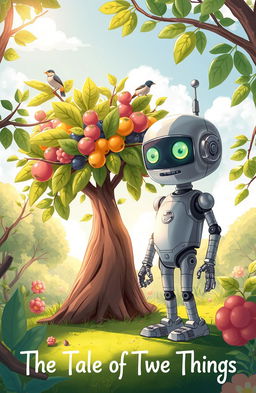 A whimsical illustration representing 'The Tale of Two Things' featuring two distinct yet complementary characters: one is a vibrant, quirky tree with oversized leaves and colorful fruits, symbolizing nature's diversity, while the other is a sleek, modern robot with shiny metallic surfaces and glowing eyes, symbolizing technology