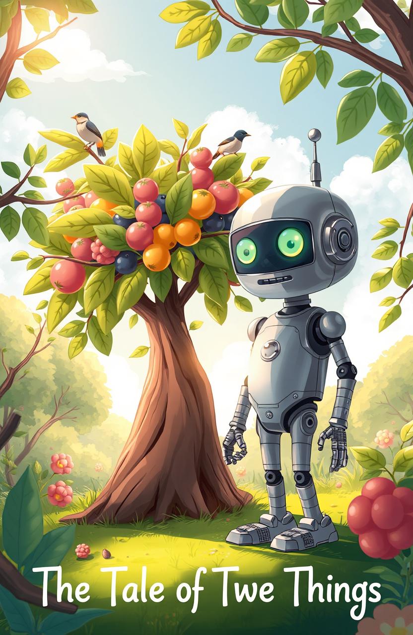 A whimsical illustration representing 'The Tale of Two Things' featuring two distinct yet complementary characters: one is a vibrant, quirky tree with oversized leaves and colorful fruits, symbolizing nature's diversity, while the other is a sleek, modern robot with shiny metallic surfaces and glowing eyes, symbolizing technology