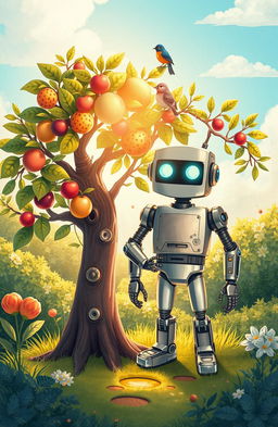 A whimsical illustration representing 'The Tale of Two Things' featuring two distinct yet complementary characters: one is a vibrant, quirky tree with oversized leaves and colorful fruits, symbolizing nature's diversity, while the other is a sleek, modern robot with shiny metallic surfaces and glowing eyes, symbolizing technology