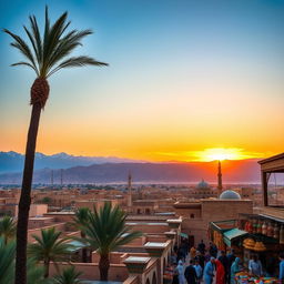 A beautiful landscape of Iran showcasing its diverse geography, featuring the majestic Alborz mountains in the background, a colorful sunset casting a warm glow over the ancient city of Yazd with its unique mud-brick architecture, palm trees swaying gently in the breeze, traditional Persian architecture, intricately designed tile work visible on the historic mosques, and a clear blue sky overhead