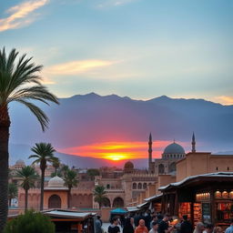 A beautiful landscape of Iran showcasing its diverse geography, featuring the majestic Alborz mountains in the background, a colorful sunset casting a warm glow over the ancient city of Yazd with its unique mud-brick architecture, palm trees swaying gently in the breeze, traditional Persian architecture, intricately designed tile work visible on the historic mosques, and a clear blue sky overhead